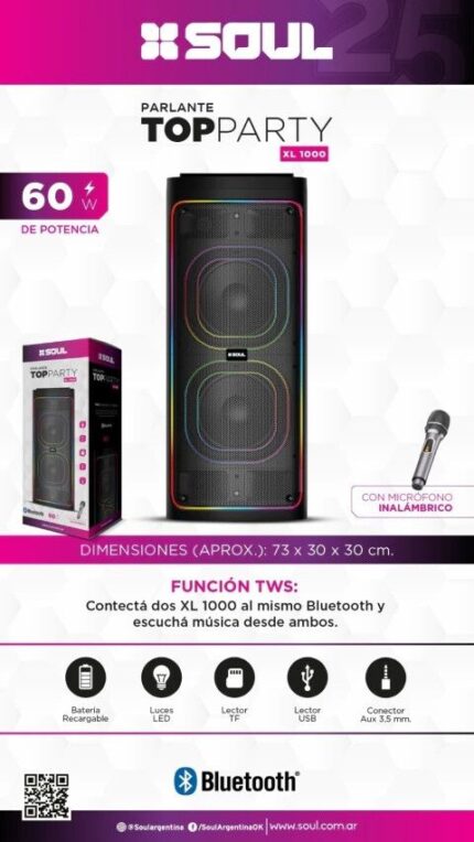 PARLANTE BT SOUL XL1000 TOP PARTY 60W C/MICROFONO INALAMBRICO